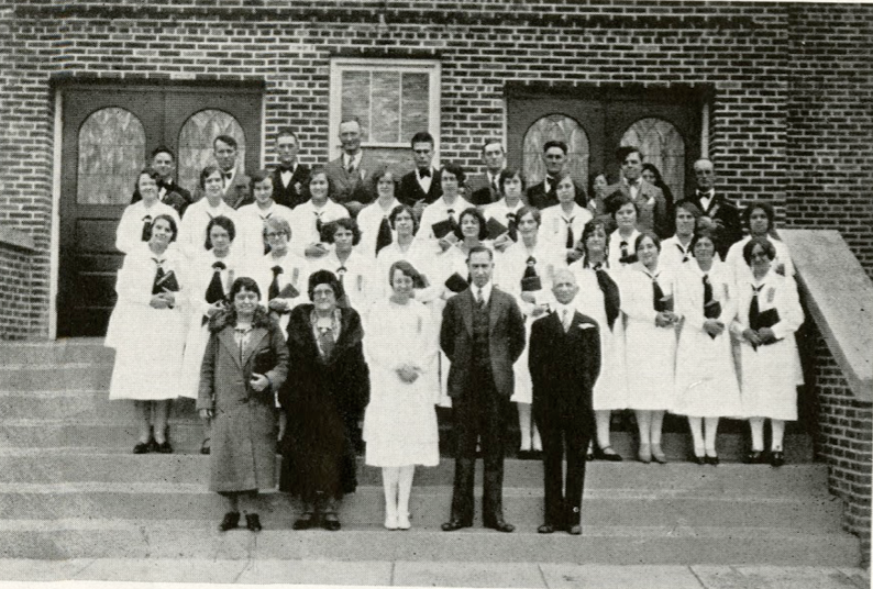 The first class of students and faculty from the North Central Bible Institute pose on the steps of Minneapolis Gospel Tabernacle