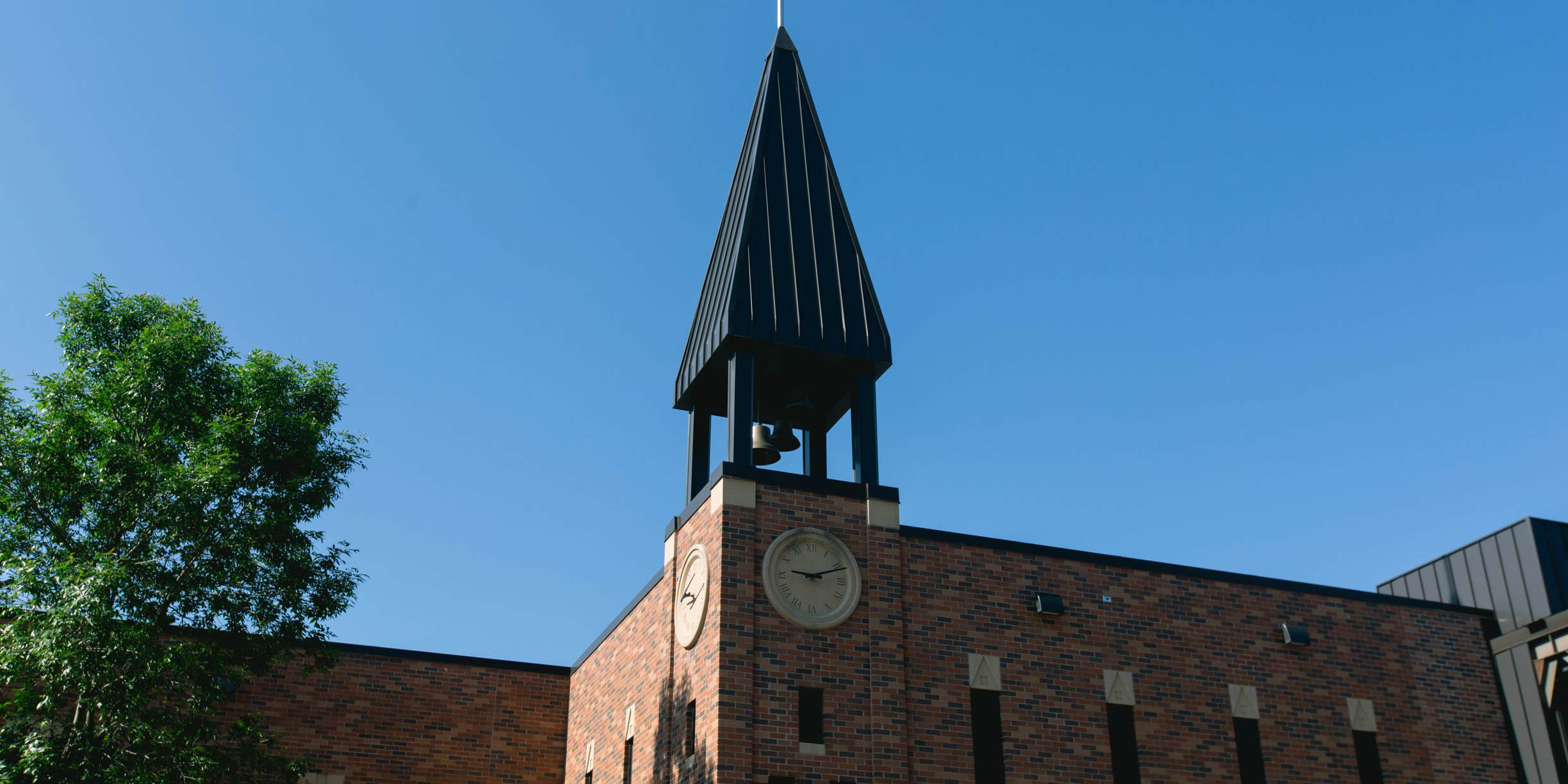The clock tower of the Trask Word & Worship Center.