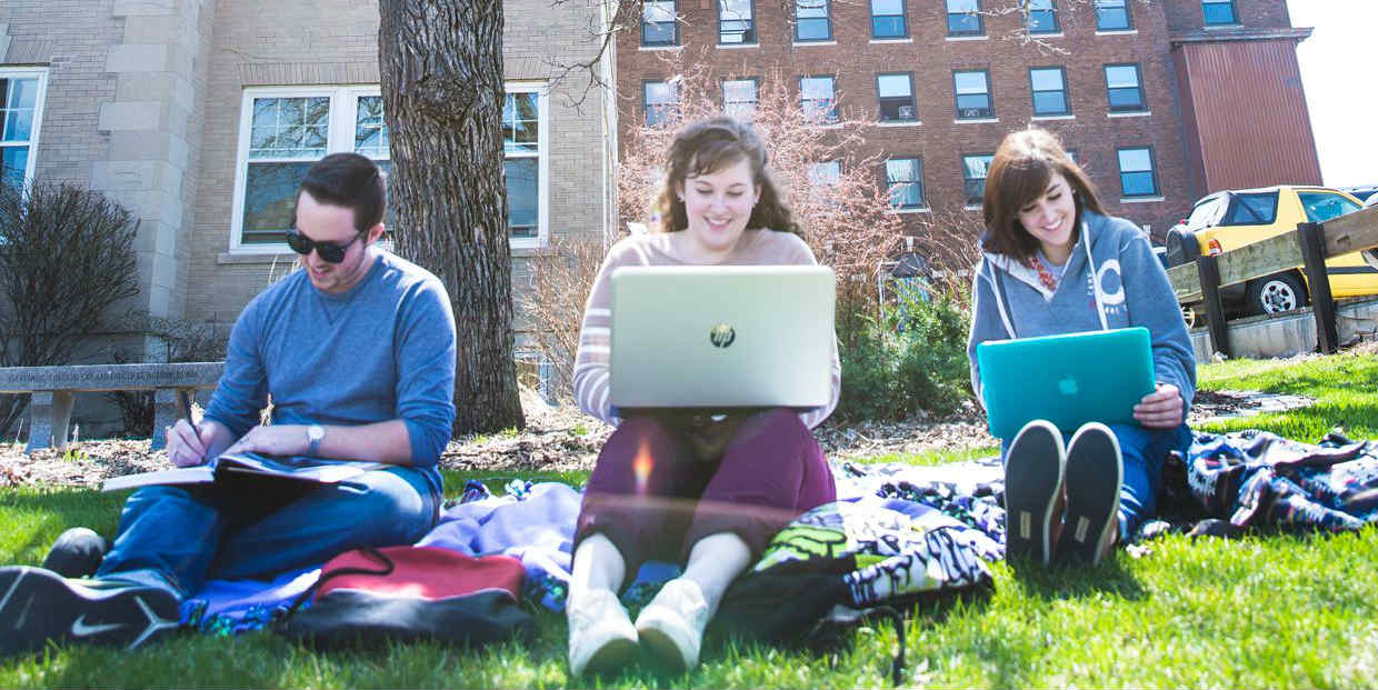 A group students studies outside.