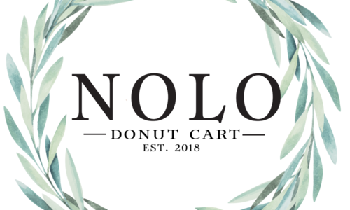 Nolo Donut Cart Logo with black lettering on a white background with decorative green leaves surrounding everything in a circle.