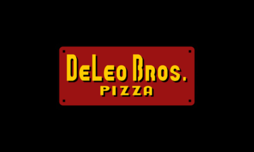 Red DeLeo Bros. Pizza logo with yellow lettering in front of a black background.