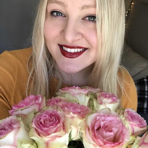 girl with pink and white roses