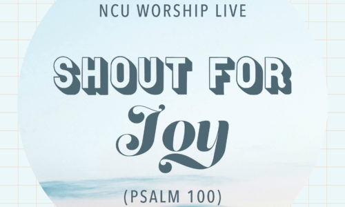 Shout for Joy album cover with black block letters and a sunset background
