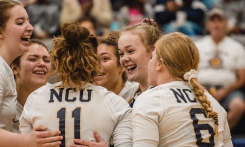 Volleyball player teammates huddled laughing