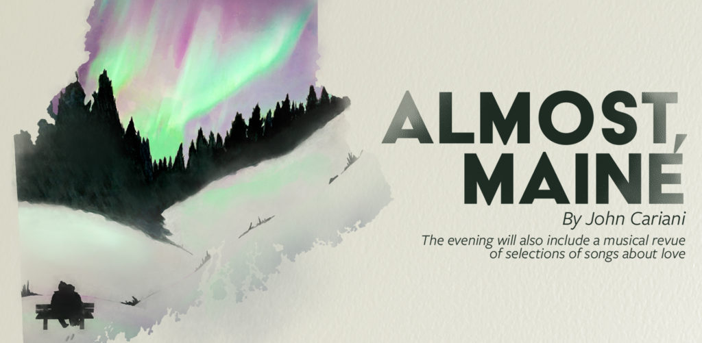 Illustration of the northern lights, with text saying Almost, Maine