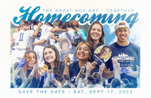 Multiple faces smiling with text that reads The Great NCU Get Together Homecoming Saturday Sept 17, 2022