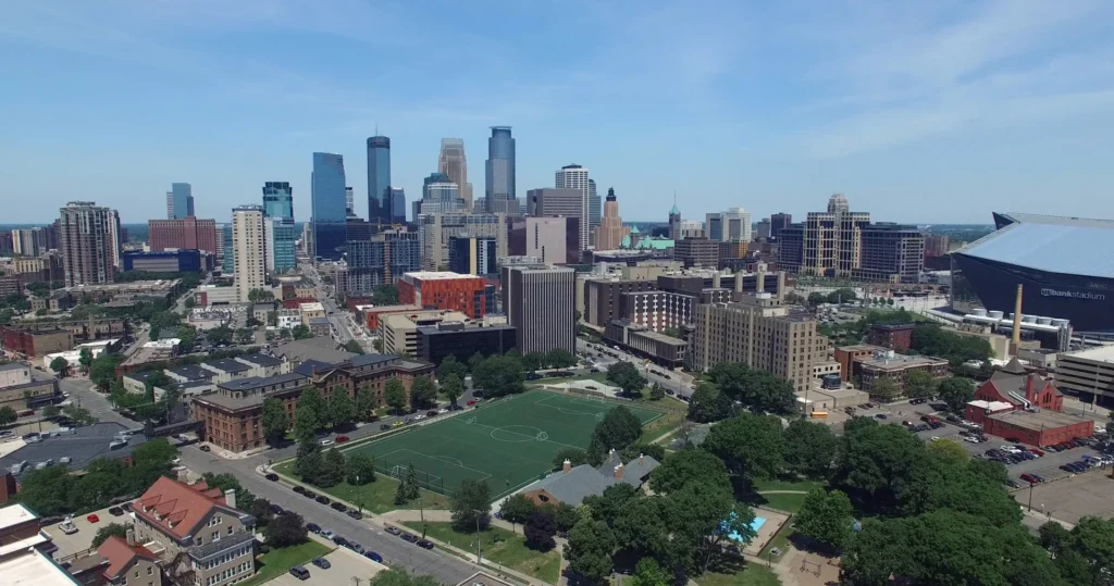 Aerial view of the Minneapolis skyline with US Bank Stadium and downtown buildings