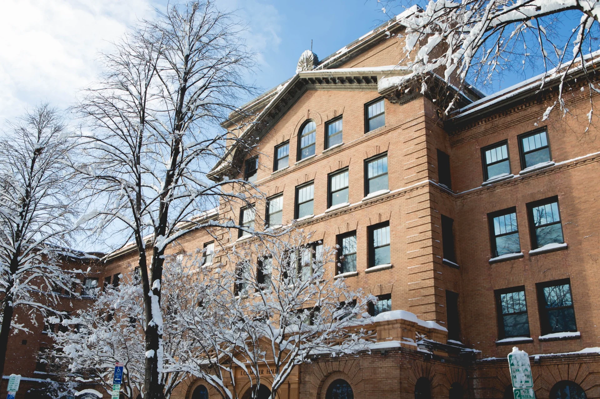North Central University campus building covered in snow during winter